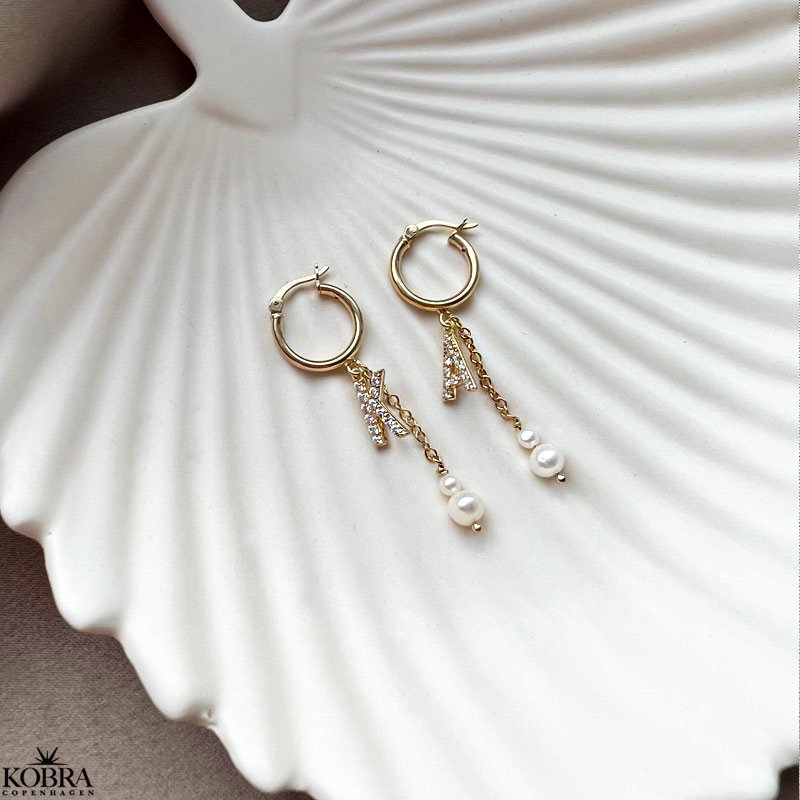 "My Favorite" gold earrings with your letters and white freshwater pearls