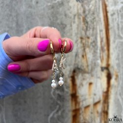 "My Favorite" gold earrings with your letters and white freshwater pearls