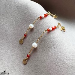"Elina" gold earrings with red and white pearls