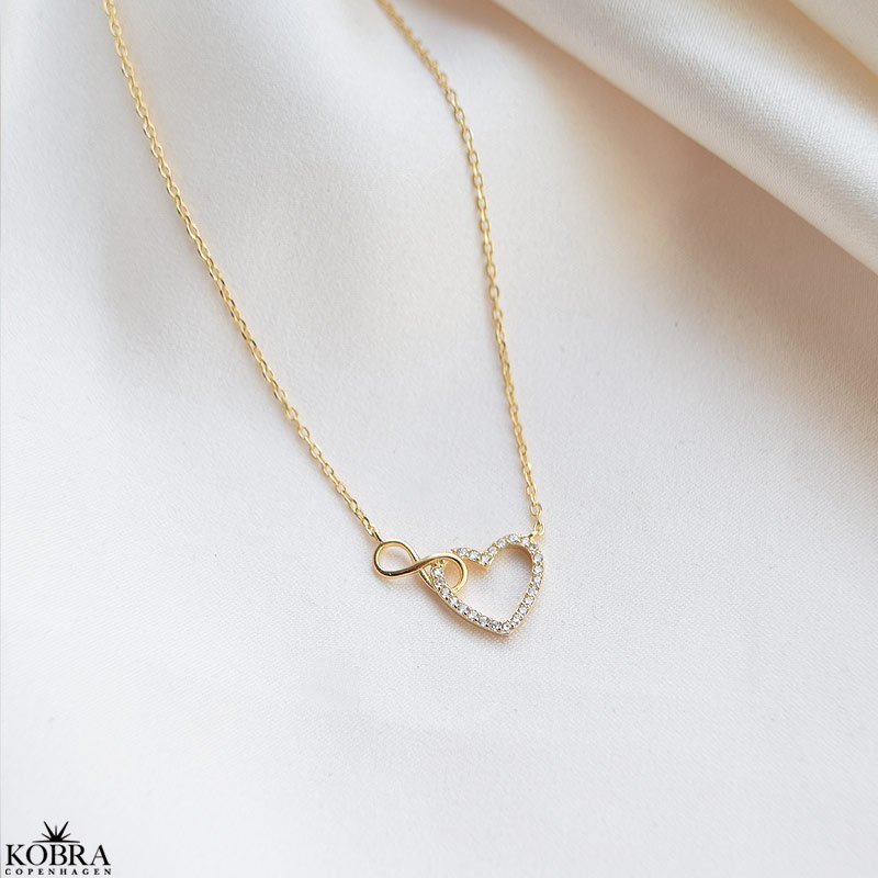 "Everlasting" guld halskęde med Infinity samt hjerte med sten