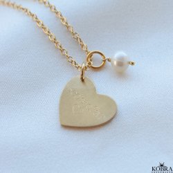 ID love tag, gold heart necklace including engraving and pearl