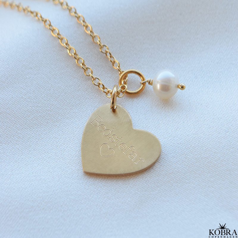 ID love tag, gold heart necklace including engraving and pearl