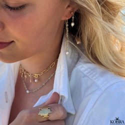 "Ellish" choker / halskde i guld med bl aquamariner og hvid ferskvandsperle