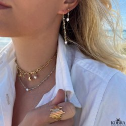 "Ellish" choker / halskde i guld med bl aquamariner og hvid ferskvandsperle