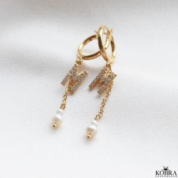 "My Favorite" gold earrings with your letters and white freshwater pearls