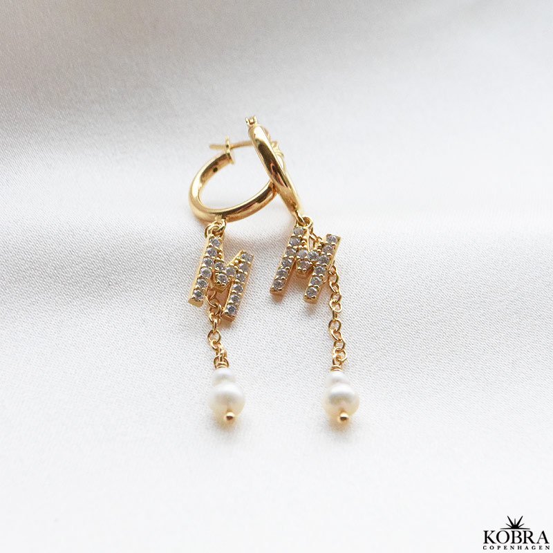 "My Favorite" gold earrings with your letters and white freshwater pearls