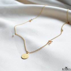 "Wilma" pearl necklace with mini id tag in gold plated