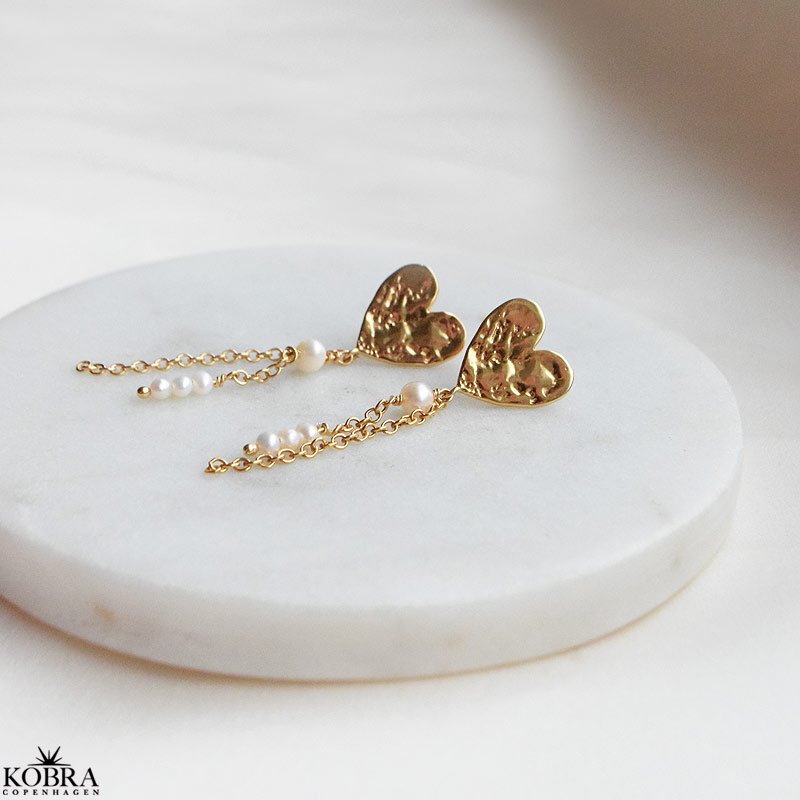 "Riannon" hammered gold heart earrings white freshwater pearls