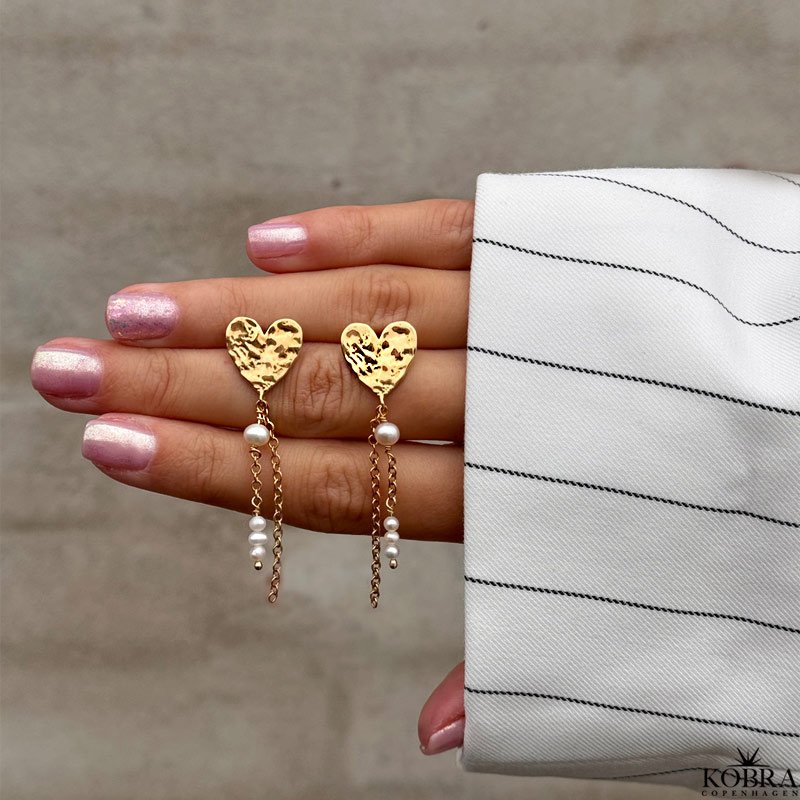 "Riannon" hammered gold heart earrings white freshwater pearls