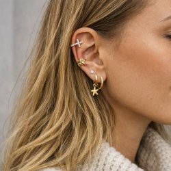 "Trudy" ear cuff with cross and stones in 18k gold-plated sterling silver.