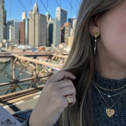 "Riannon" hammered gold heart earrings white freshwater pearls