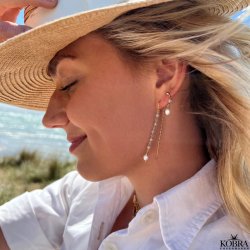 "Ellish" sm guldrestikker med bl aquamariner samt hvid ferskvandsperle