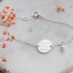 Konfirmationssmykke - slv armbnd med gte ferskvands perle og personlig gravering