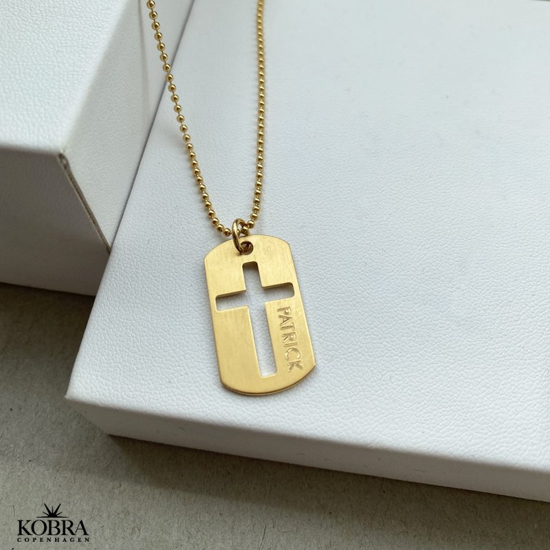 Dogtag med kors i 18 karat forgyldt, inklusiv gravering