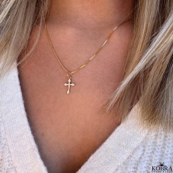 "Runa" gold cross necklace with white zirconia stones