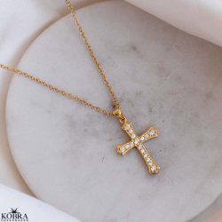 "Guardian" 18 karat forgyldt kors halskde med sten
