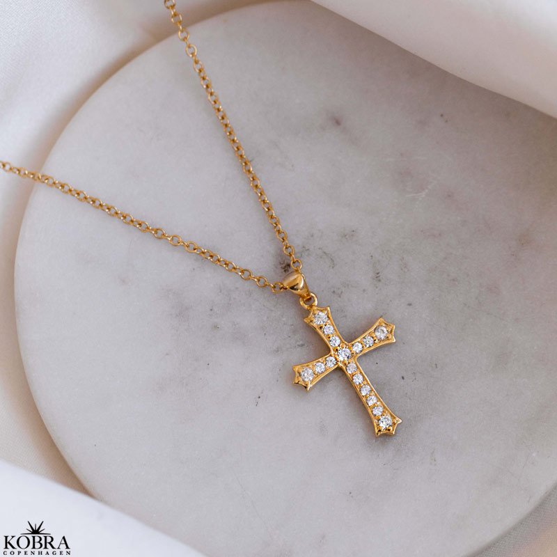 "Guardian" 18 karat forgyldt kors halskde med sten