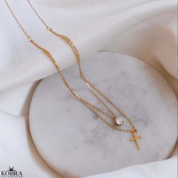 "Stella Cross" 18 karat forgyldt 2i1 halskde med kors og fin zirkonia sten