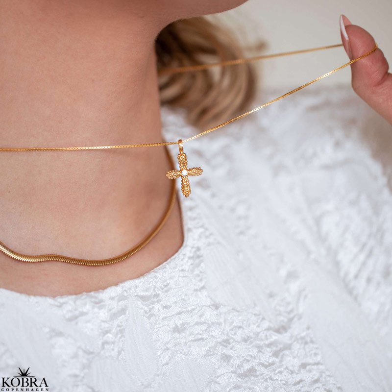 "Blessed" 18 carat gold plated cross necklace with small stone