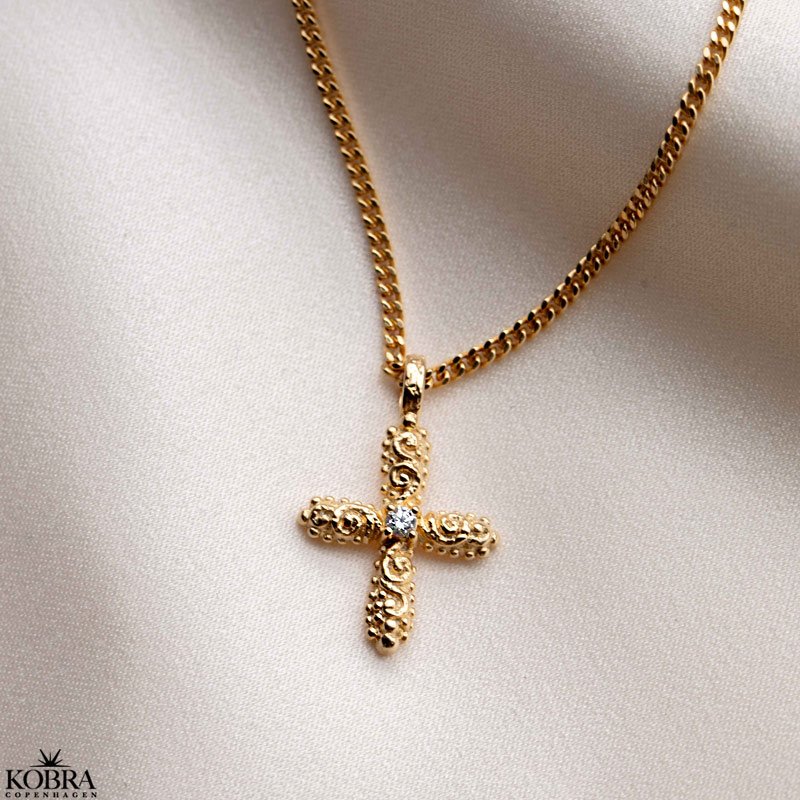 "Blessed" 18 carat gold plated cross necklace with small stone