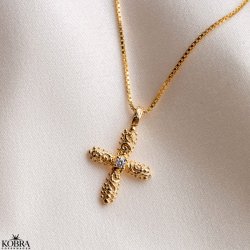 "Blessed" 18 carat gold plated cross necklace with small stone