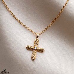"Blessed" 18 carat gold plated cross necklace with small stone
