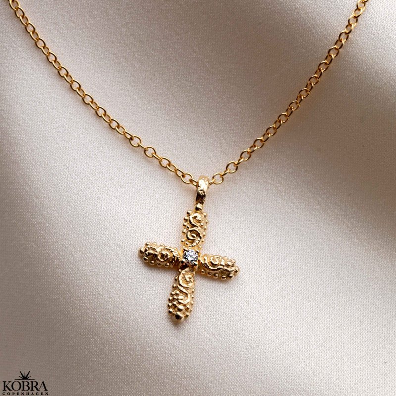 "Blessed" 18 carat gold plated cross necklace with small stone