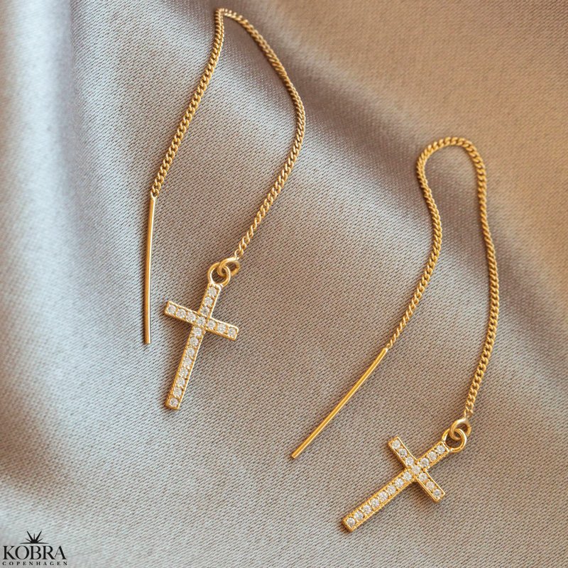 "Lucia" gold earrings with small crosses on chain