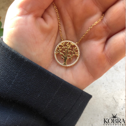 "Lykke" Tree of life in chain and white stones in gold