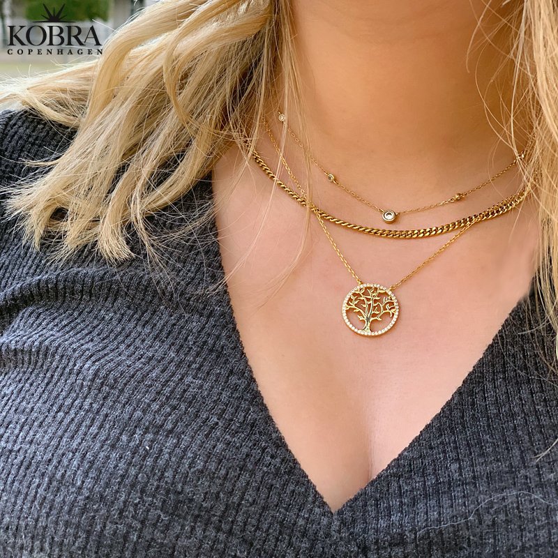 "Lykke" Tree of life in chain and white stones in gold