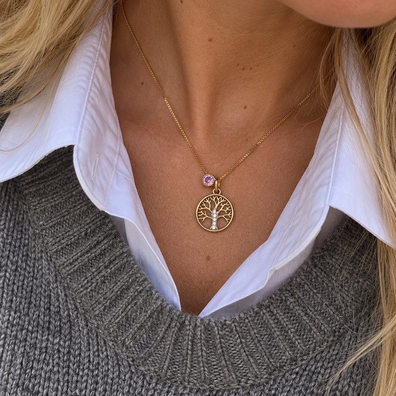 "Annamae" Livets Tr� halsk�de med birthstone - 18k forgyldt