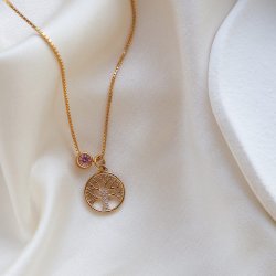 "Annamae" Livets Tr� halsk�de med birthstone - 18k forgyldt