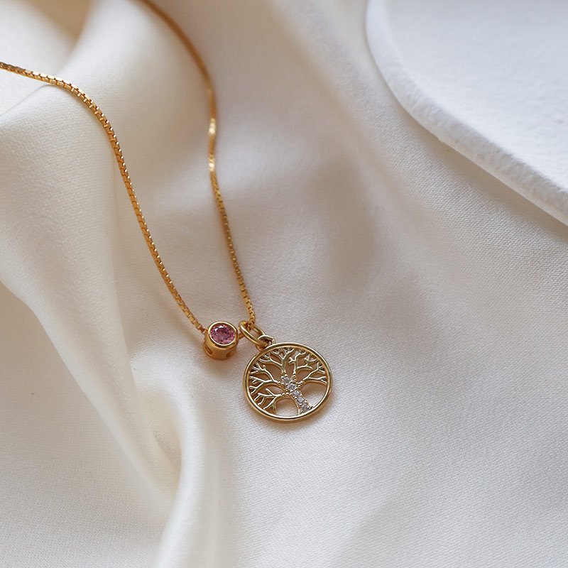 "Annamae" Livets Tr� halsk�de med birthstone - 18k forgyldt