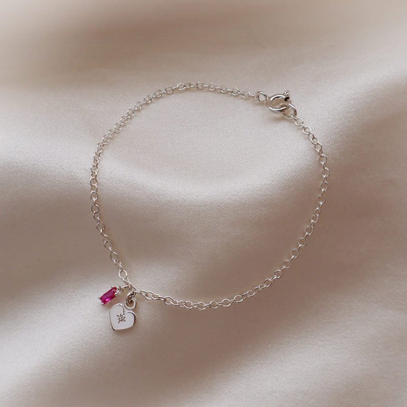 "Love Affair" s�lv armb�nd med hjerte og pink sten