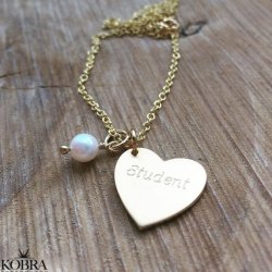 ID love tag, gold heart necklace including engraving and pearl