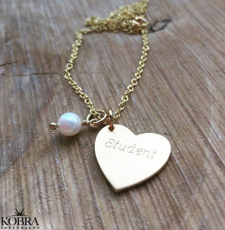 ID love tag, gold heart necklace including engraving and pearl