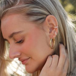 "Ava" small gold hoops with pink and white heart-shaped stones