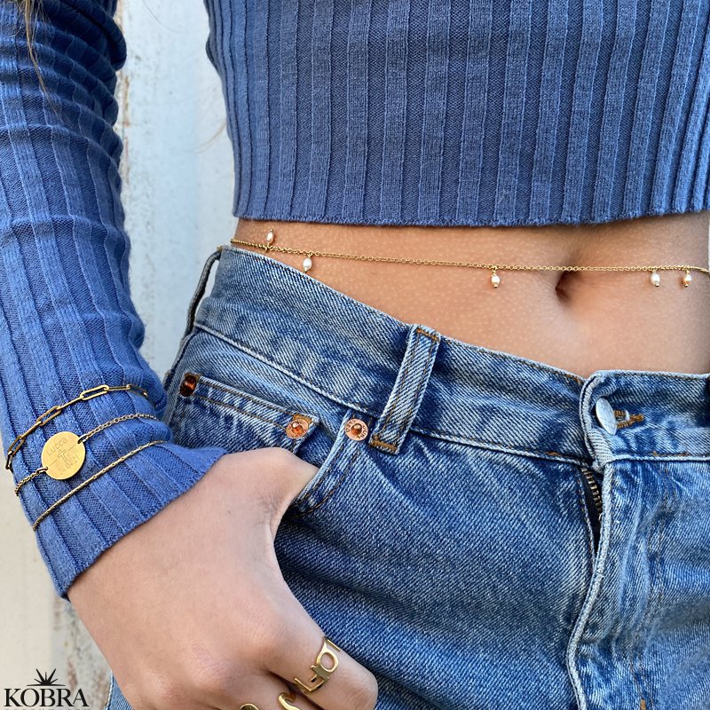 "Wilma" belly chain 18 carat goldplated with 10 genuine freshwater pearls