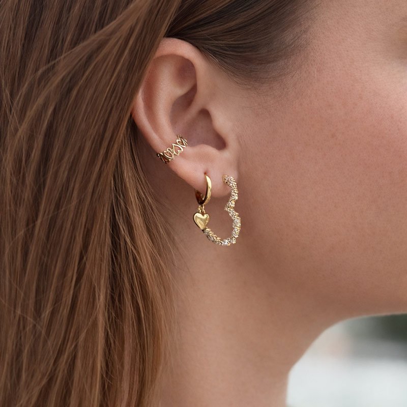 "Love" earcuff with heart design in 18k gold-plated sterling silver.