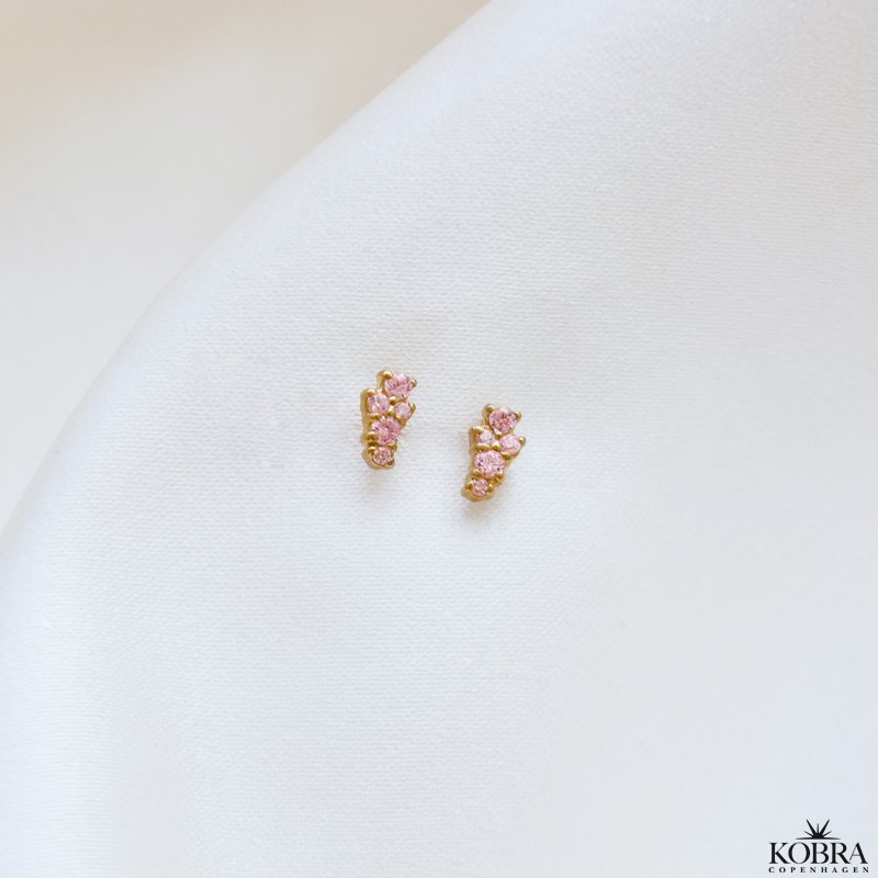 "Mikami" gold mini earrings in a unique design with pink stones