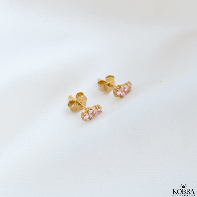 "Mikami" gold mini earrings in a unique design with pink stones