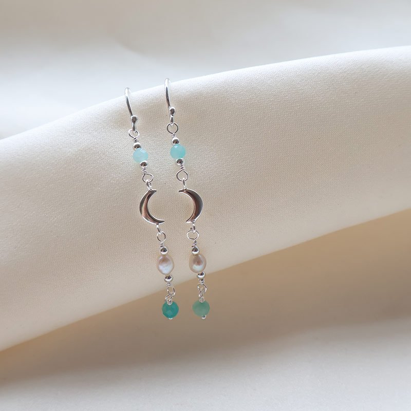 "Moon River" s�lv �reringe med amazonit og perler