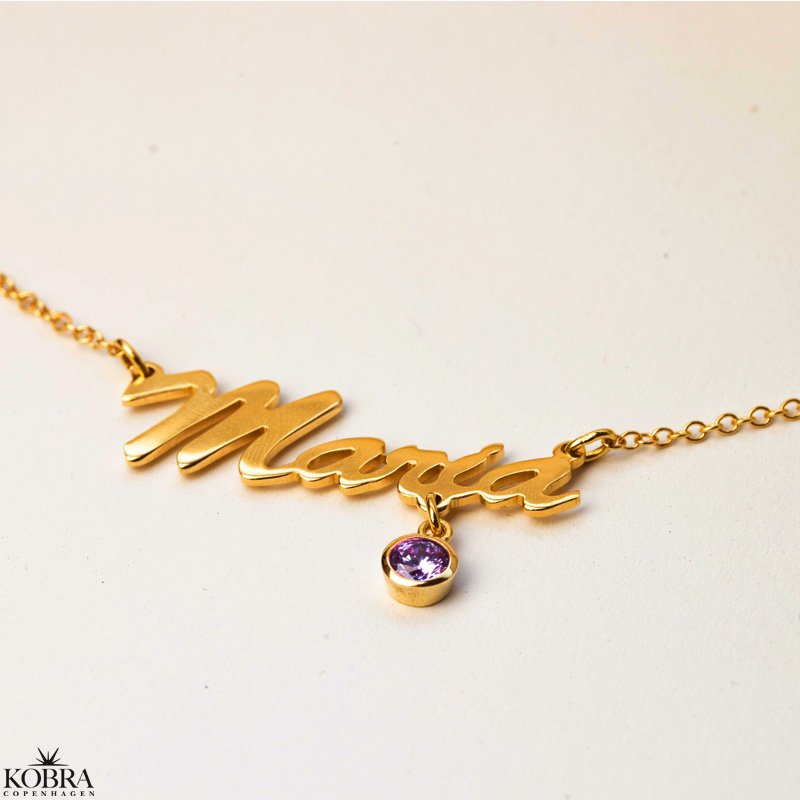 Guld navnehalskæde med din månedssten / birthstone