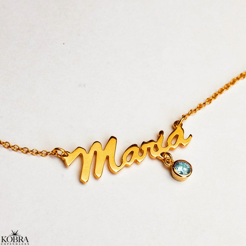 Guld navnehalskæde med din månedssten / birthstone