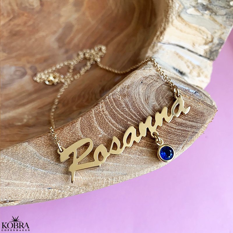 Guld navnehalskæde med din månedssten / birthstone