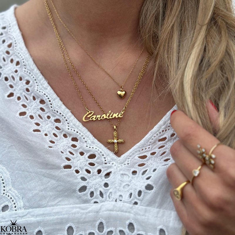 "Blessed" 18 carat gold plated cross necklace with small stone