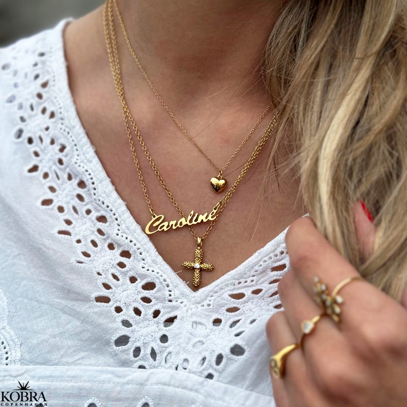 "Blessed" 18 carat gold plated cross necklace with small stone