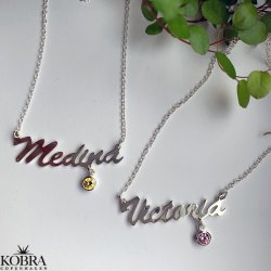 Navnehalskæde i sterling sølv med din månedssten / birthstone