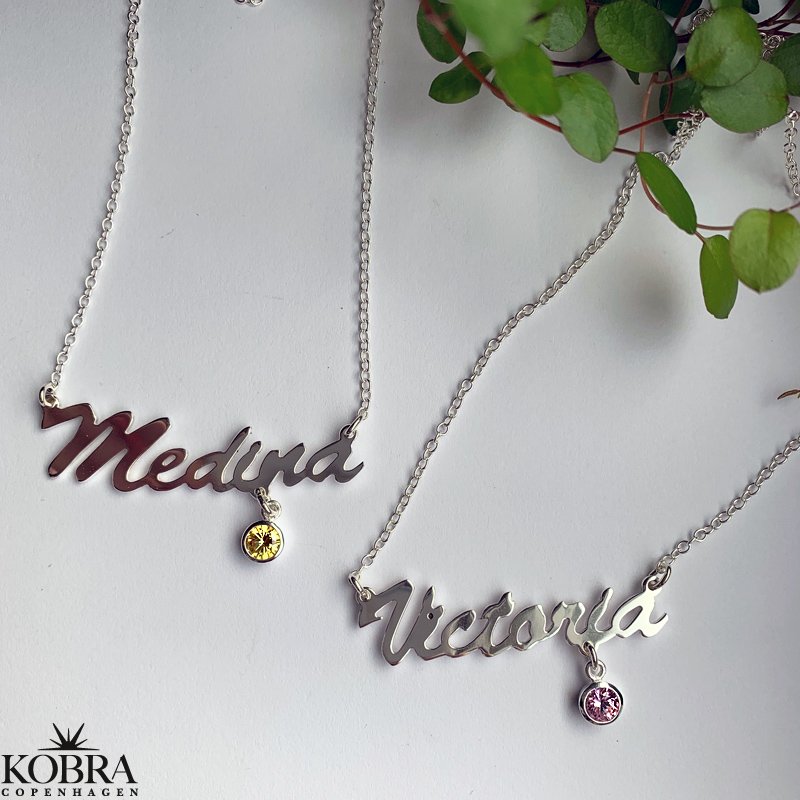 Navnehalskæde i sterling sølv med din månedssten / birthstone