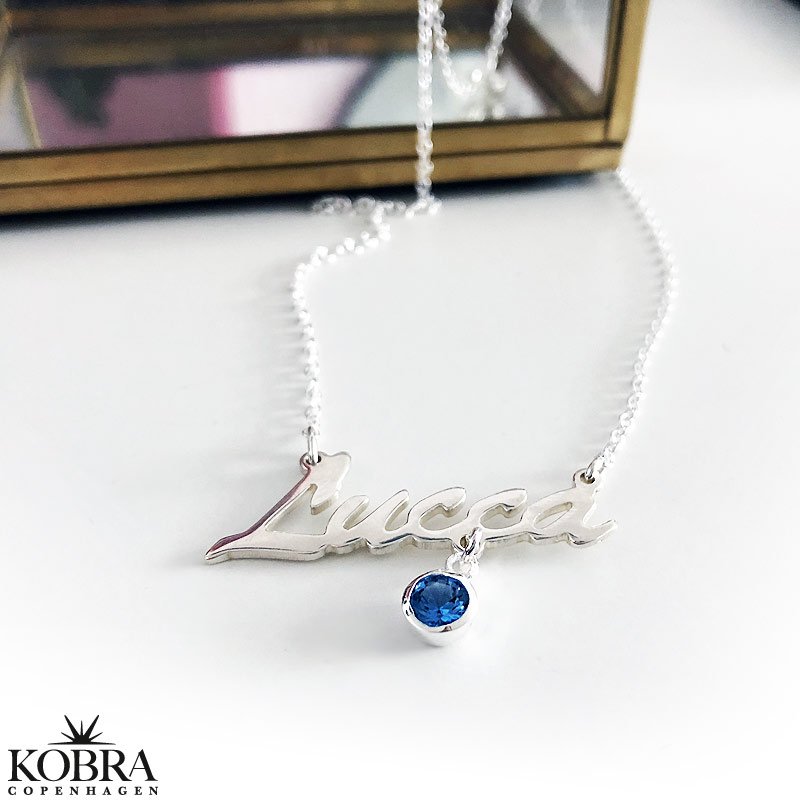 Navnehalskæde i sterling sølv med din månedssten / birthstone